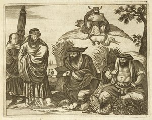 Chinese Handelaren Raadplegen Waarzeggers voor een Veilige Reis, illustratie uit een beschrijving van Ambassades naar China, 1690 door English School